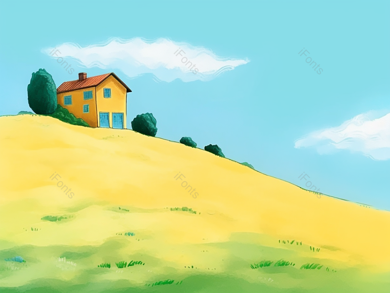 蓝天白云天气晴朗在黄绿色的山头山坡上有一栋房子和树木手绘插画背景,插画/手绘图,插画/手绘图库,插画/手绘图下载,插画/手绘